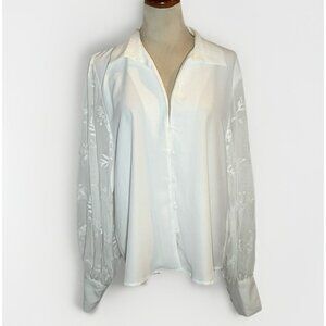Soft‎ Surroundings Blouse White Embroidered Sheer Sleeve Button Front Top L